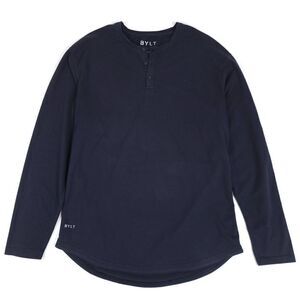 BYLT Drop Cut Long Sleeve Henley Premium Athletic Tee Shirt Navy Blue Mens Large